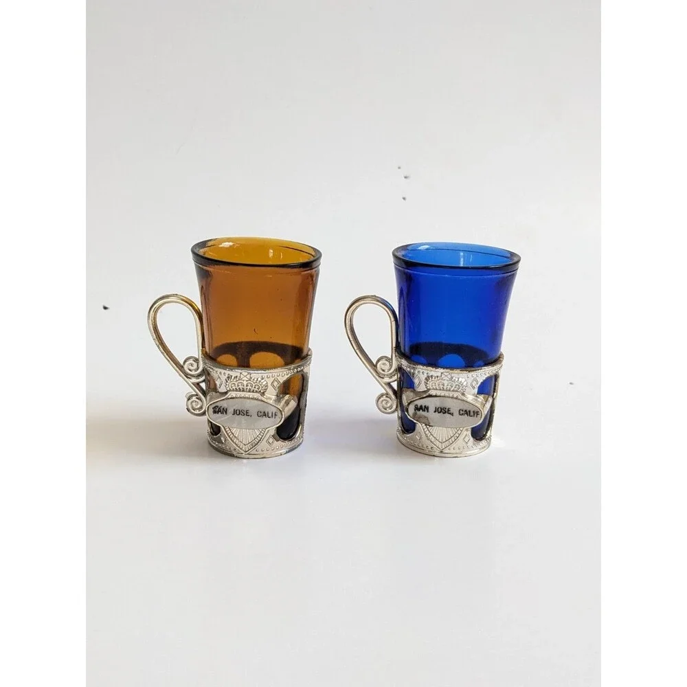 San Jose CA Vintage Souvenir Mini Mugs‎ Shot Glasses Cobalt Amber Mid-Century